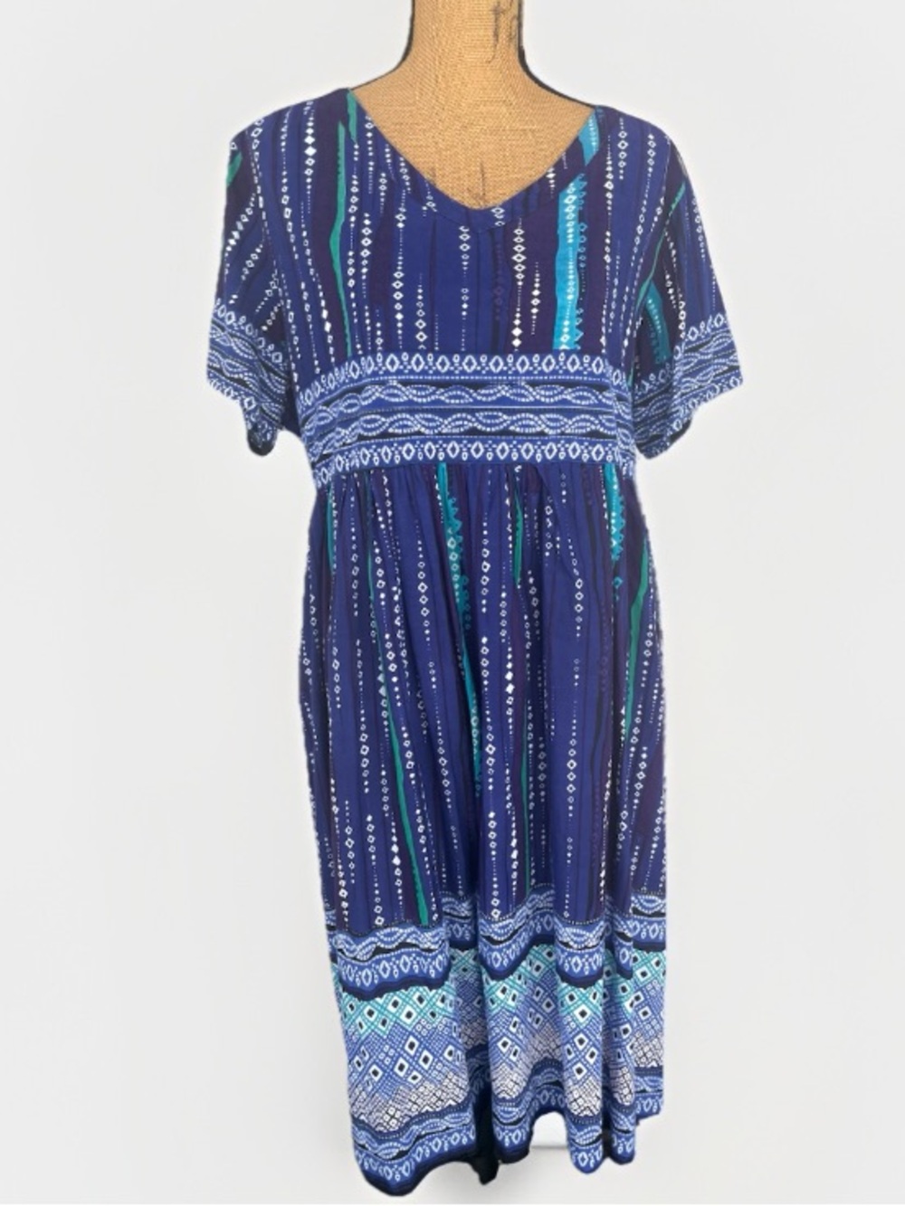 Only Necessities 100% Cotton Boho Print Midi Dress Relaxed Fit Blue Size 18